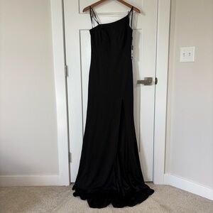 La Femme Black One Shoulder Front Slit Evening Dress